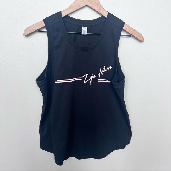 Zyia Active Tank Top Black Sleeveless Muscle Tee Size Medium Pink Logo - Picture 8 of 10